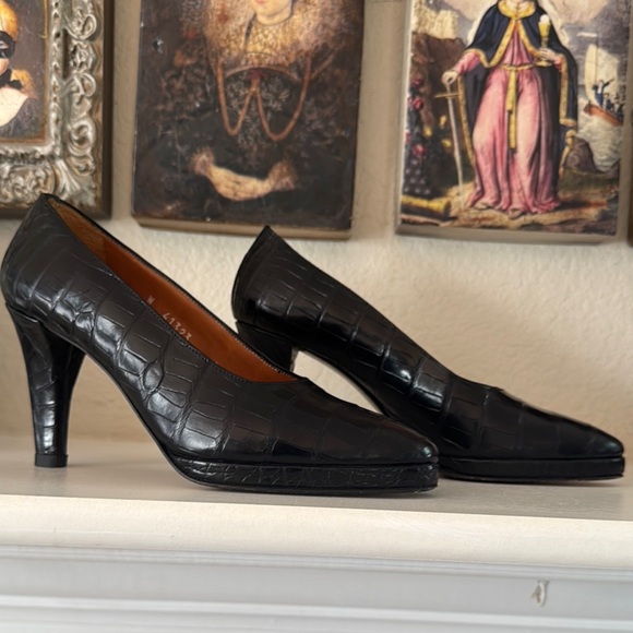 Vintage Ralph Lauren Black‎ Croc-Embossed Leather Heels | Made in Italy Size 6 B - Picture 1 of 16